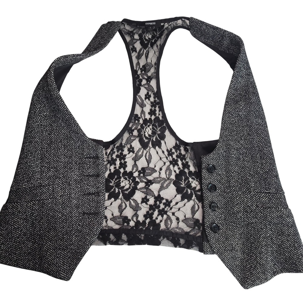 Vintage Y2K Express Lace Back Halter Vest Dark Academia Tweed Goth Whimsigoth 4